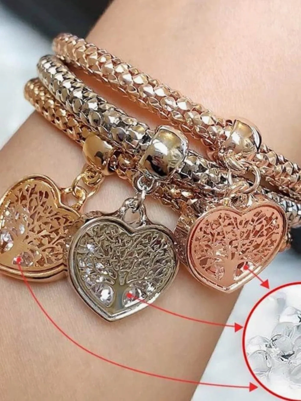 Anthropologie Three-Tone Heart Tree Charm Bracelet — Gold, Silver & Rose Gold